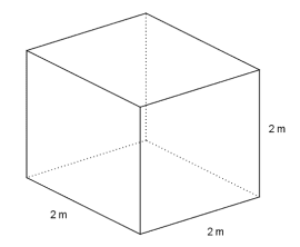 Rett, firkantet prisme der alle sidene har lengde 2 m.